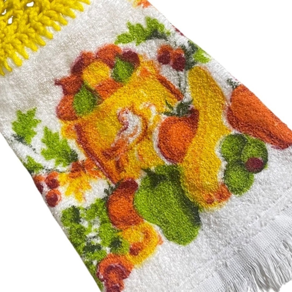 VTG‎ CANNON Hand Kitchen Towel Fringe 70s NOS fruit bird cottage granny